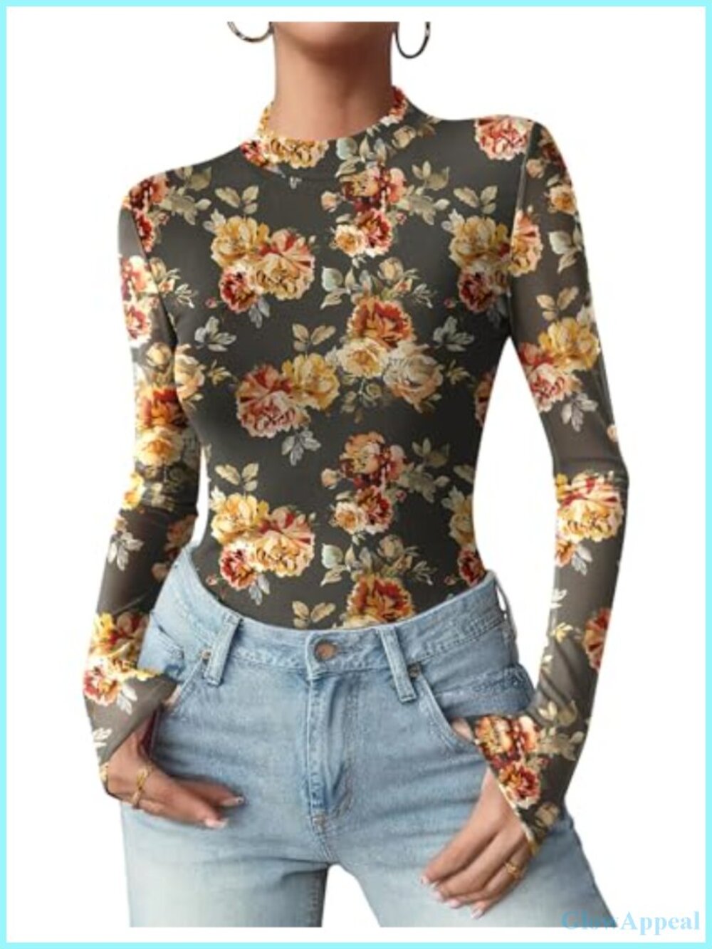 Floral Mesh Long Sleeve Mock Neck Blouse Sheer Layering Top